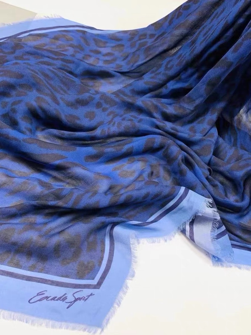 Escada Sport Blue Leopard Print Oversized Square Scarf Shawl 55” x 55”